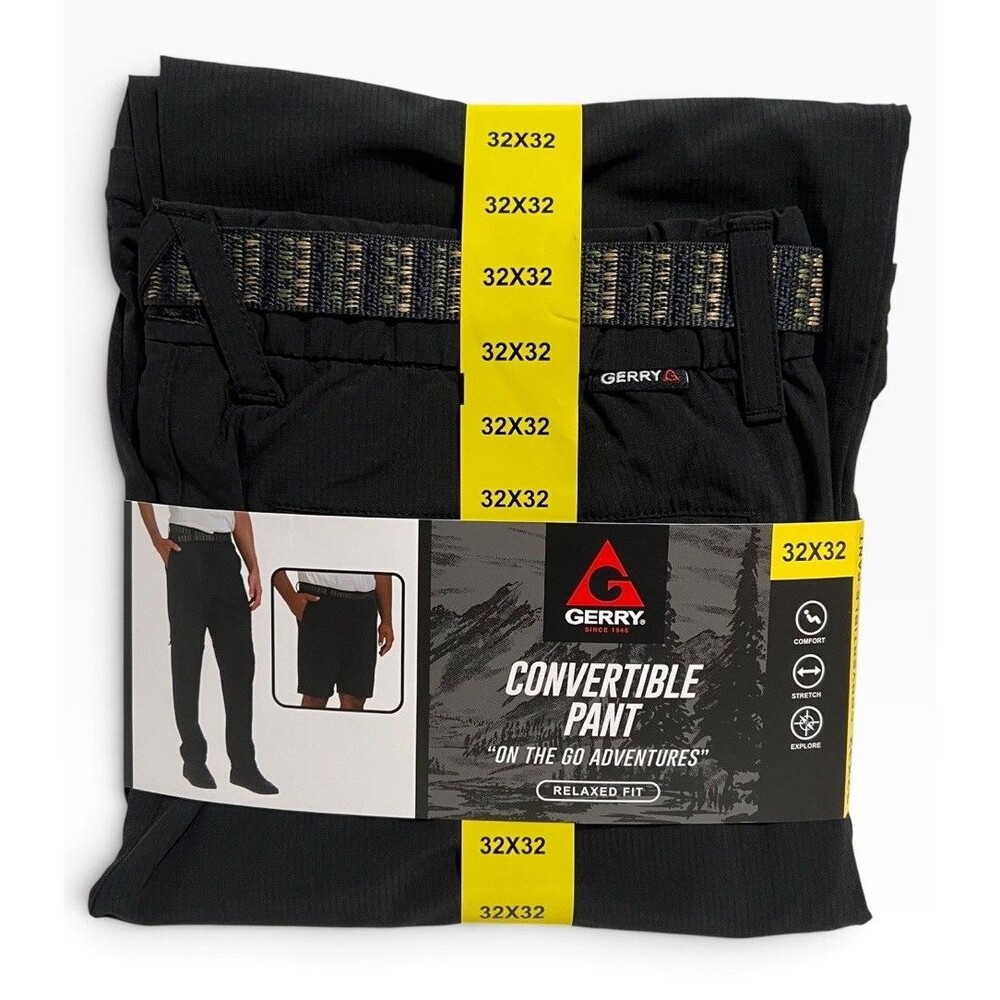 Gerry Men's Convertible Hiking Pants 32x32 Black Zip-Off Shorts Stretch NWT